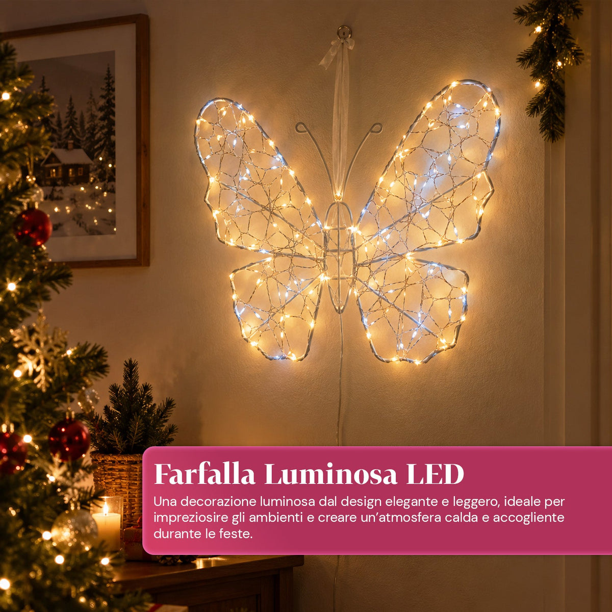 Farfalla Luminosa LED Bianca 50x40 cm – Lampada Decorativa in Ferro con Filo Dorato, Luci Bianche Calde e Fredde, Alimentazione USB e Gancio