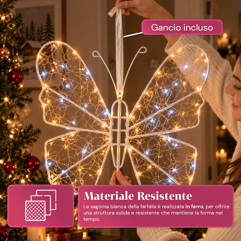 Farfalla Luminosa LED Bianca 50x40 cm – Lampada Decorativa in Ferro con Filo Dorato, Luci Bianche Calde e Fredde, Alimentazione USB e Gancio