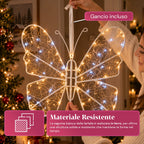 Farfalla Luminosa LED Bianca 50x40 cm – Lampada Decorativa in Ferro con Filo Dorato, Luci Bianche Calde e Fredde, Alimentazione USB e Gancio