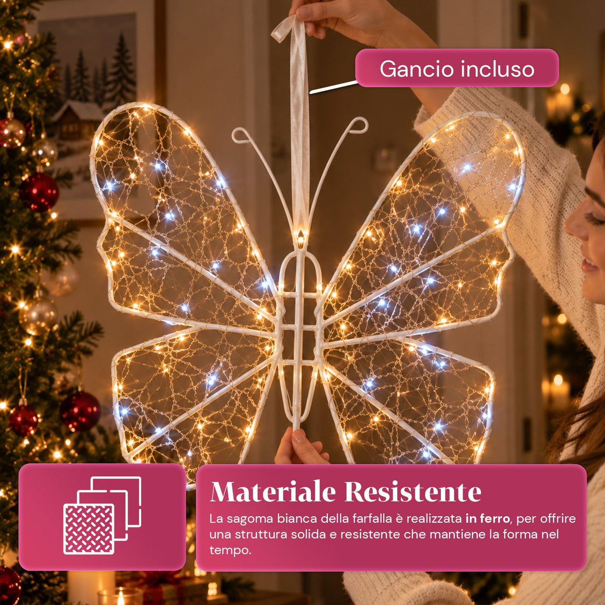 Farfalla Luminosa LED Bianca 50x40 cm – Lampada Decorativa in Ferro con Filo Dorato, Luci Bianche Calde e Fredde, Alimentazione USB e Gancio