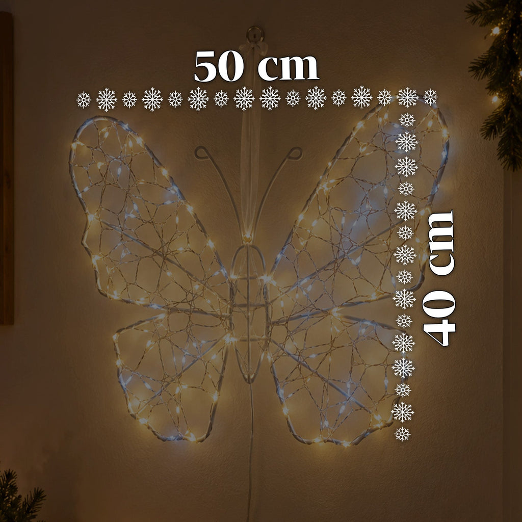 Farfalla Luminosa LED Bianca 50x40 cm – Lampada Decorativa in Ferro con Filo Dorato, Luci Bianche Calde e Fredde, Alimentazione USB e Gancio
