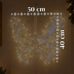 Farfalla Luminosa LED Bianca 50x40 cm – Lampada Decorativa in Ferro con Filo Dorato, Luci Bianche Calde e Fredde, Alimentazione USB e Gancio