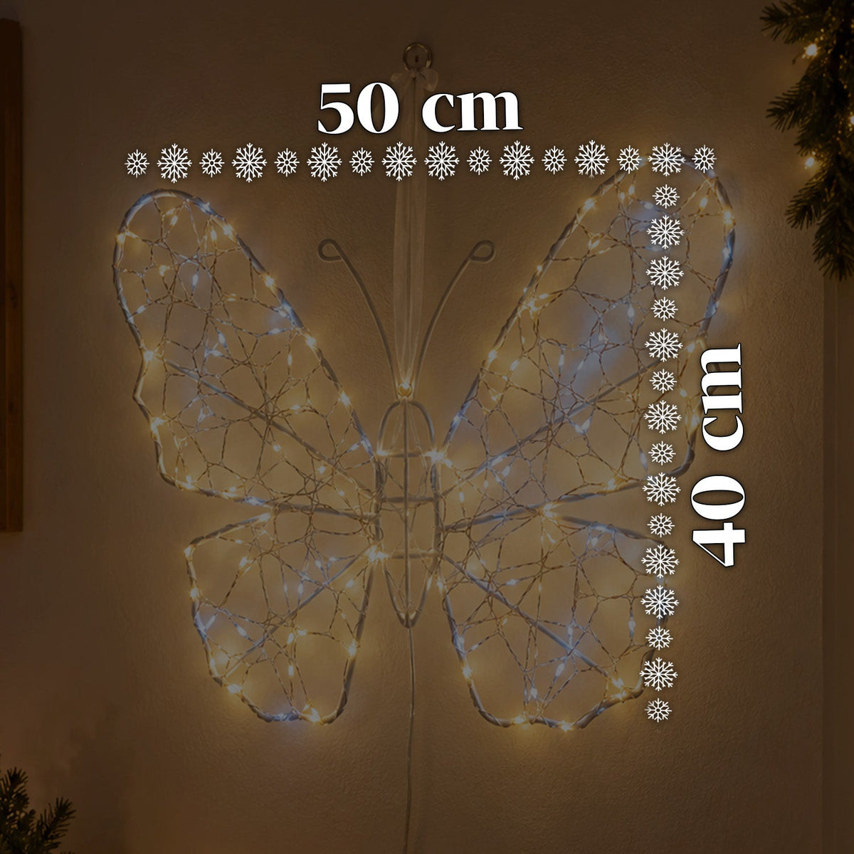 Farfalla Luminosa LED Bianca 50x40 cm – Lampada Decorativa in Ferro con Filo Dorato, Luci Bianche Calde e Fredde, Alimentazione USB e Gancio