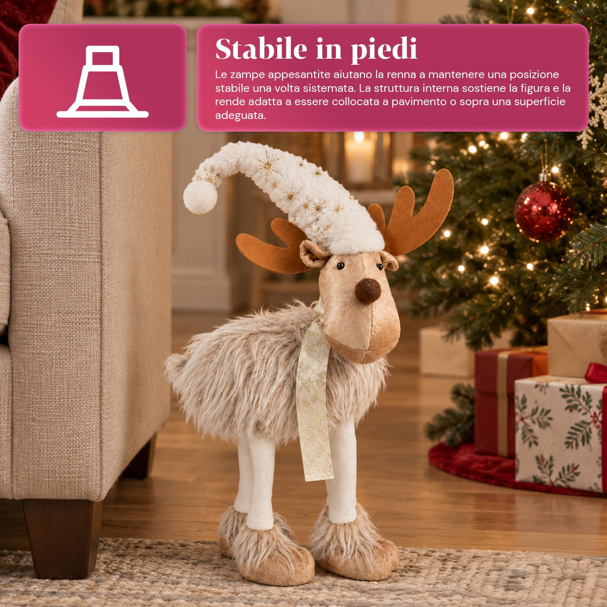 Grande Renna Natalizia 63 cm in Peluche Morbido – Decorazione Natalizia con Zampe Appesantite | 4 Colori