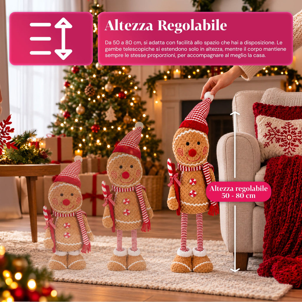 Pupazzo Pan di Zenzero Natalizio Espandibile 50-80 cm, Decorazione Natalizia in Peluche con Gambe Telescopiche, 2 Varianti