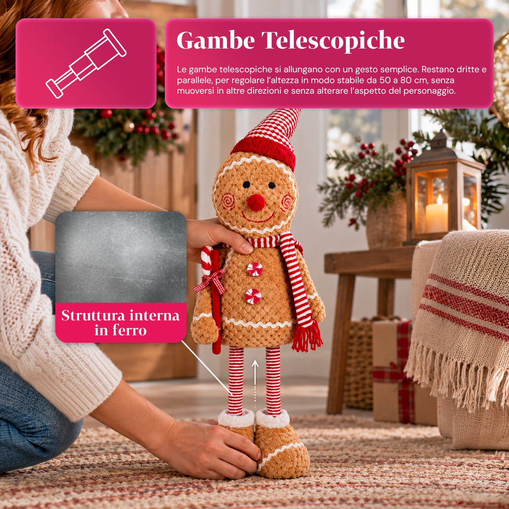 Pupazzo Pan di Zenzero Natalizio Espandibile 50-80 cm, Decorazione Natalizia in Peluche con Gambe Telescopiche, 2 Varianti