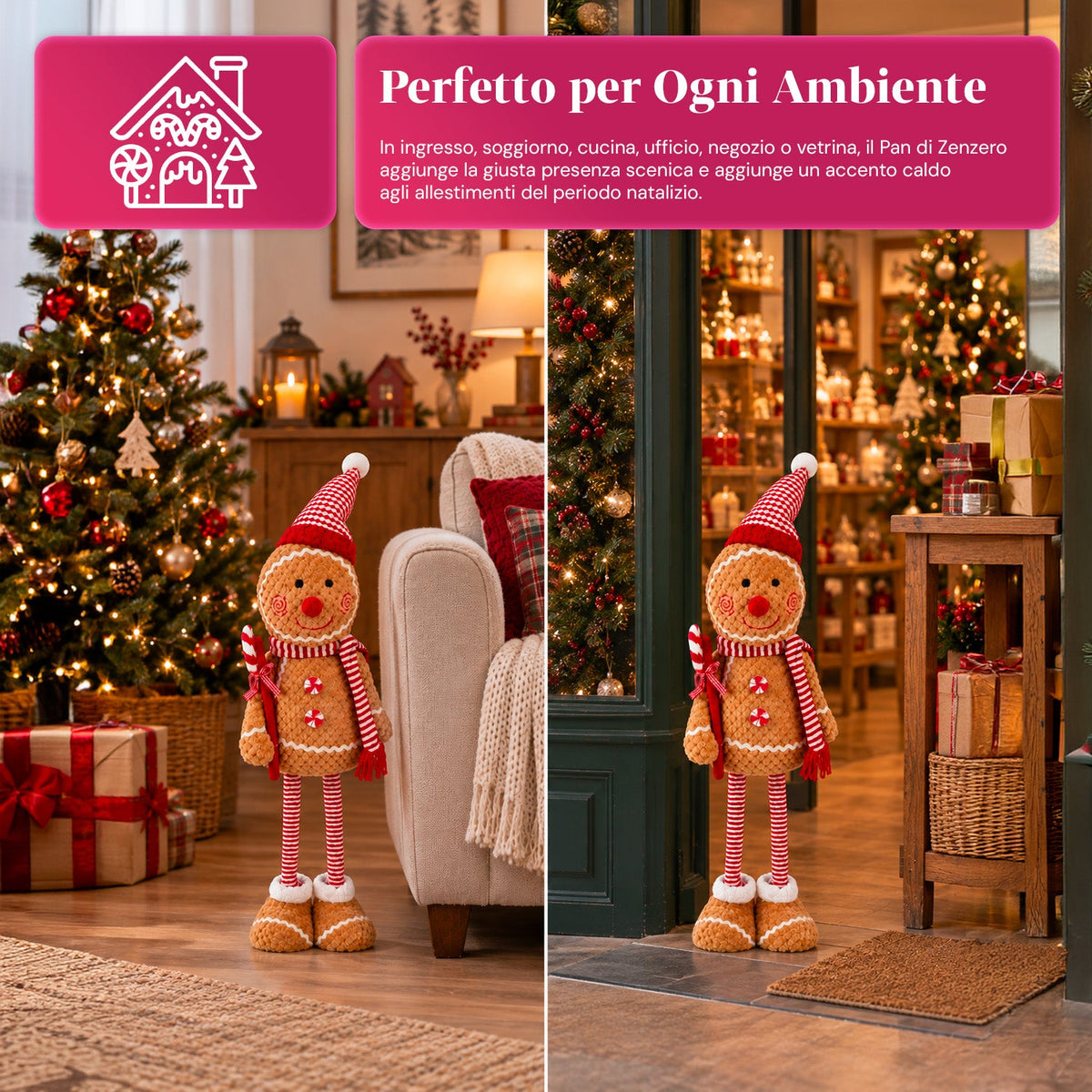 Pupazzo Pan di Zenzero Natalizio Espandibile 50-80 cm, Decorazione Natalizia in Peluche con Gambe Telescopiche, 2 Varianti