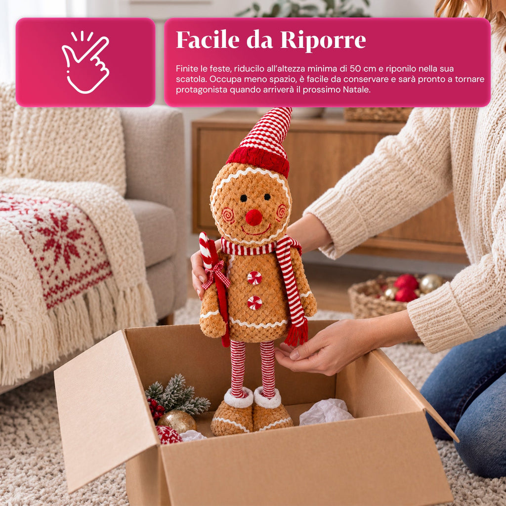 Pupazzo Pan di Zenzero Natalizio Espandibile 50-80 cm, Decorazione Natalizia in Peluche con Gambe Telescopiche, 2 Varianti