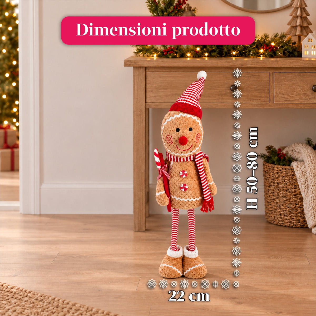 Pupazzo Pan di Zenzero Natalizio Espandibile 50-80 cm, Decorazione Natalizia in Peluche con Gambe Telescopiche, 2 Varianti