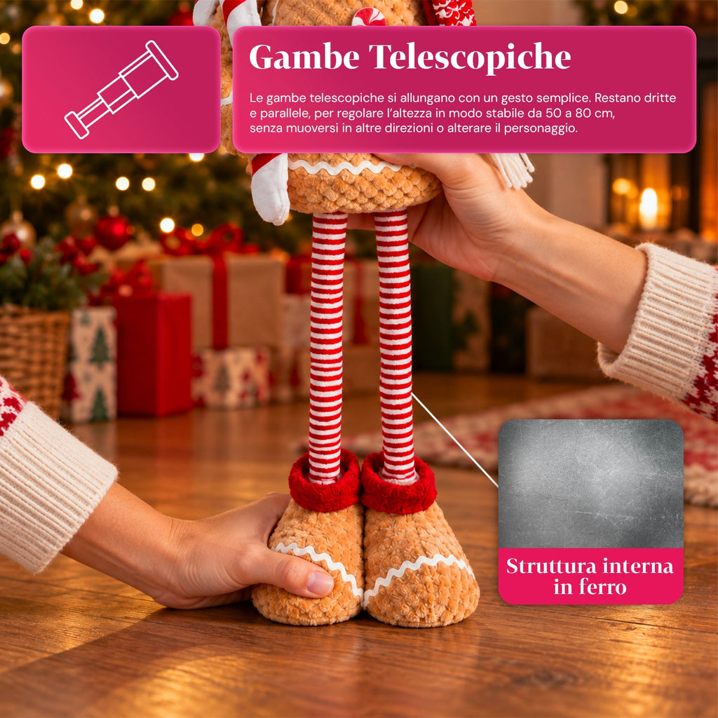 Pupazzo Pan di Zenzero Natalizio Espandibile 50-80 cm, Decorazione Natalizia in Peluche con Gambe Telescopiche, 2 Varianti
