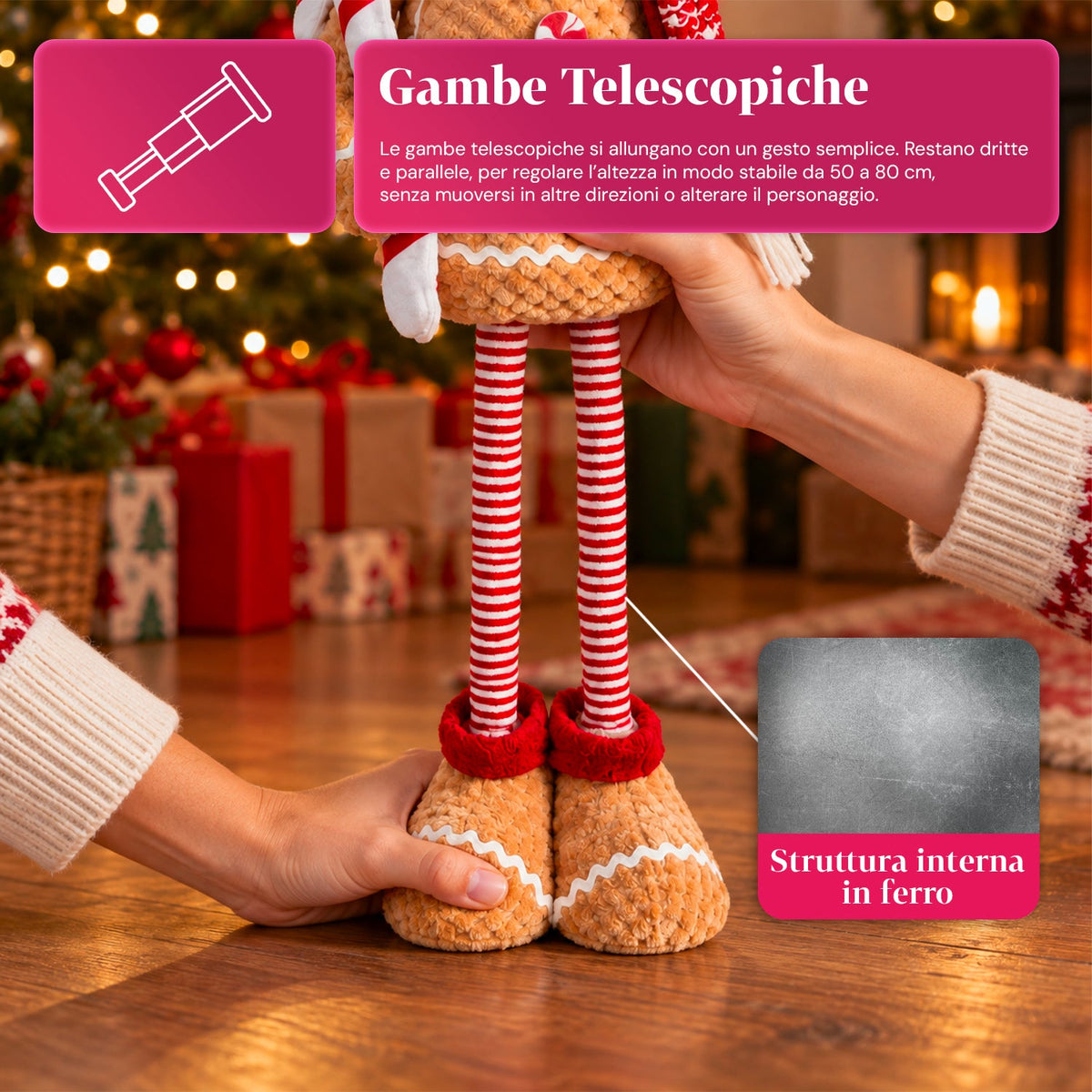 Pupazzo Pan di Zenzero Natalizio Espandibile 50-80 cm, Decorazione Natalizia in Peluche con Gambe Telescopiche, 2 Varianti