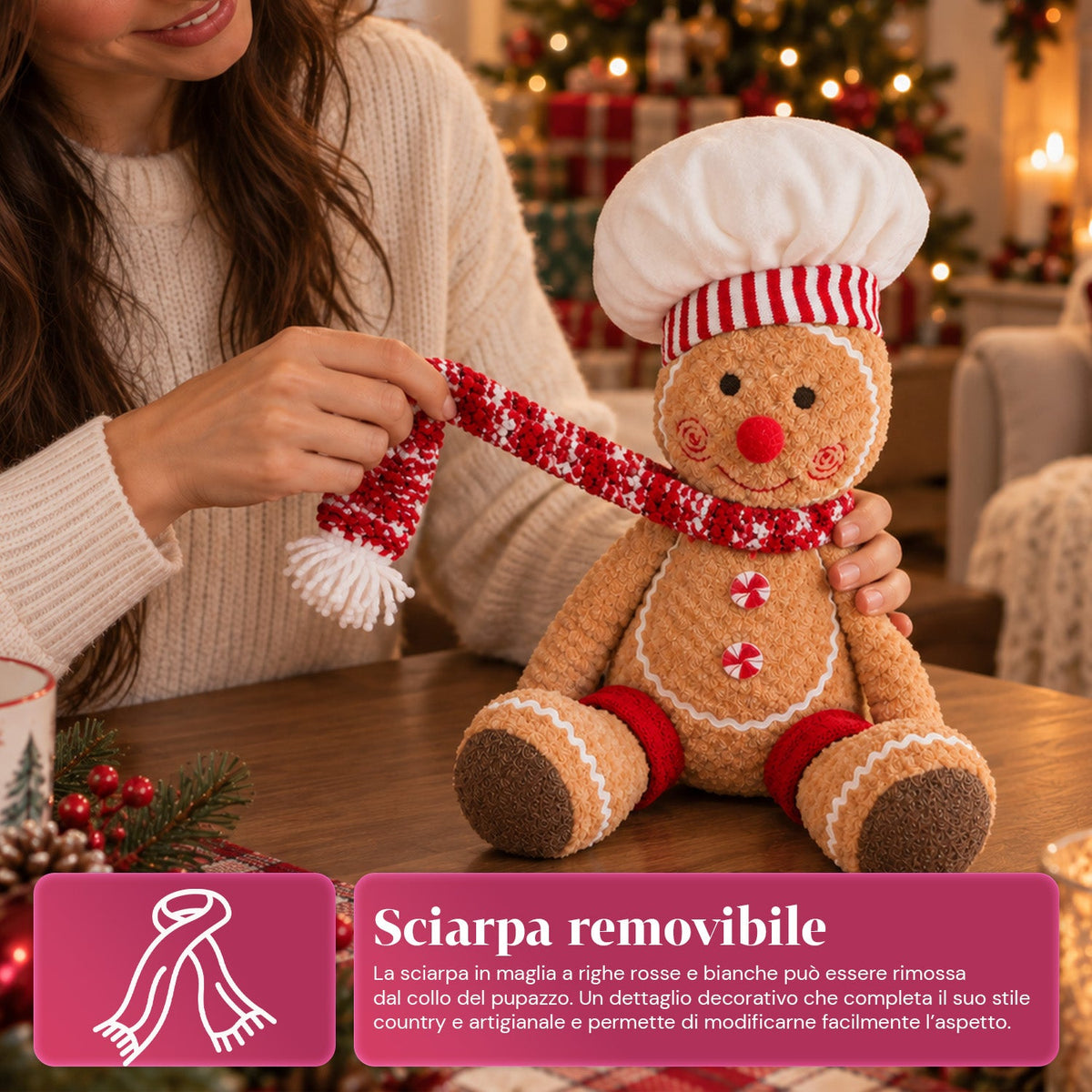 Gingerbread Man Plush Toy 30 and 40 cm – Christmas Decoration with Chef Hat or Christmas Beanie