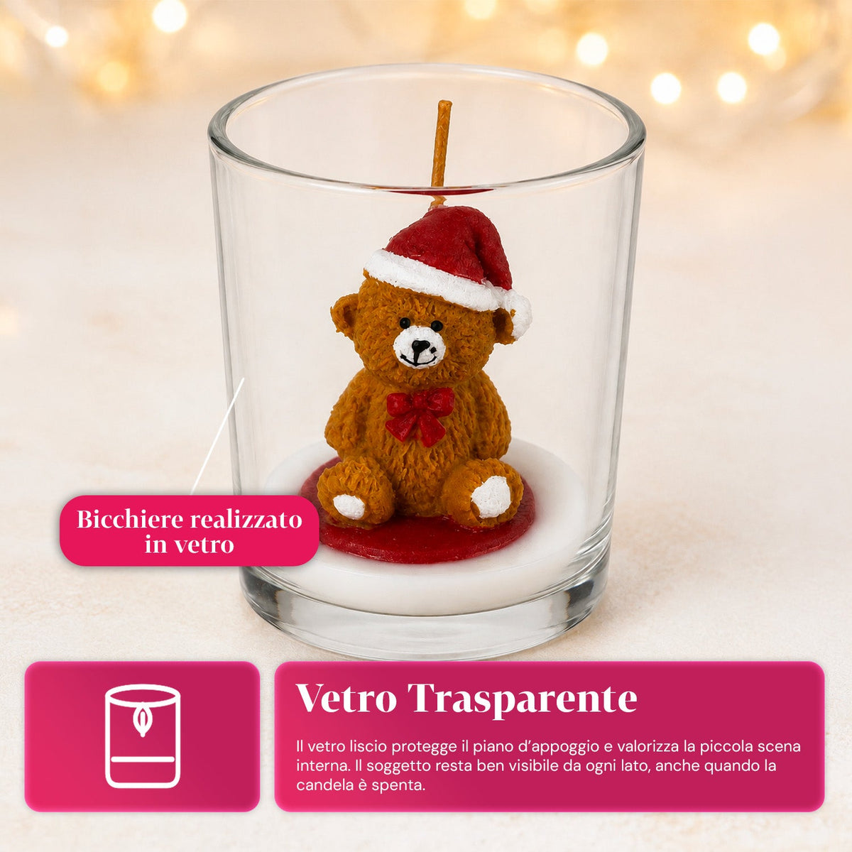 Candela natalizia in bicchiere di vetro da 7 cm con orsetti assortiti