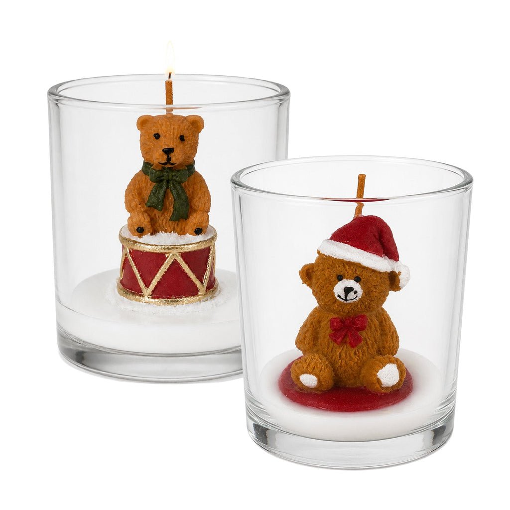 Candela natalizia in bicchiere di vetro da 7 cm con orsetti assortiti