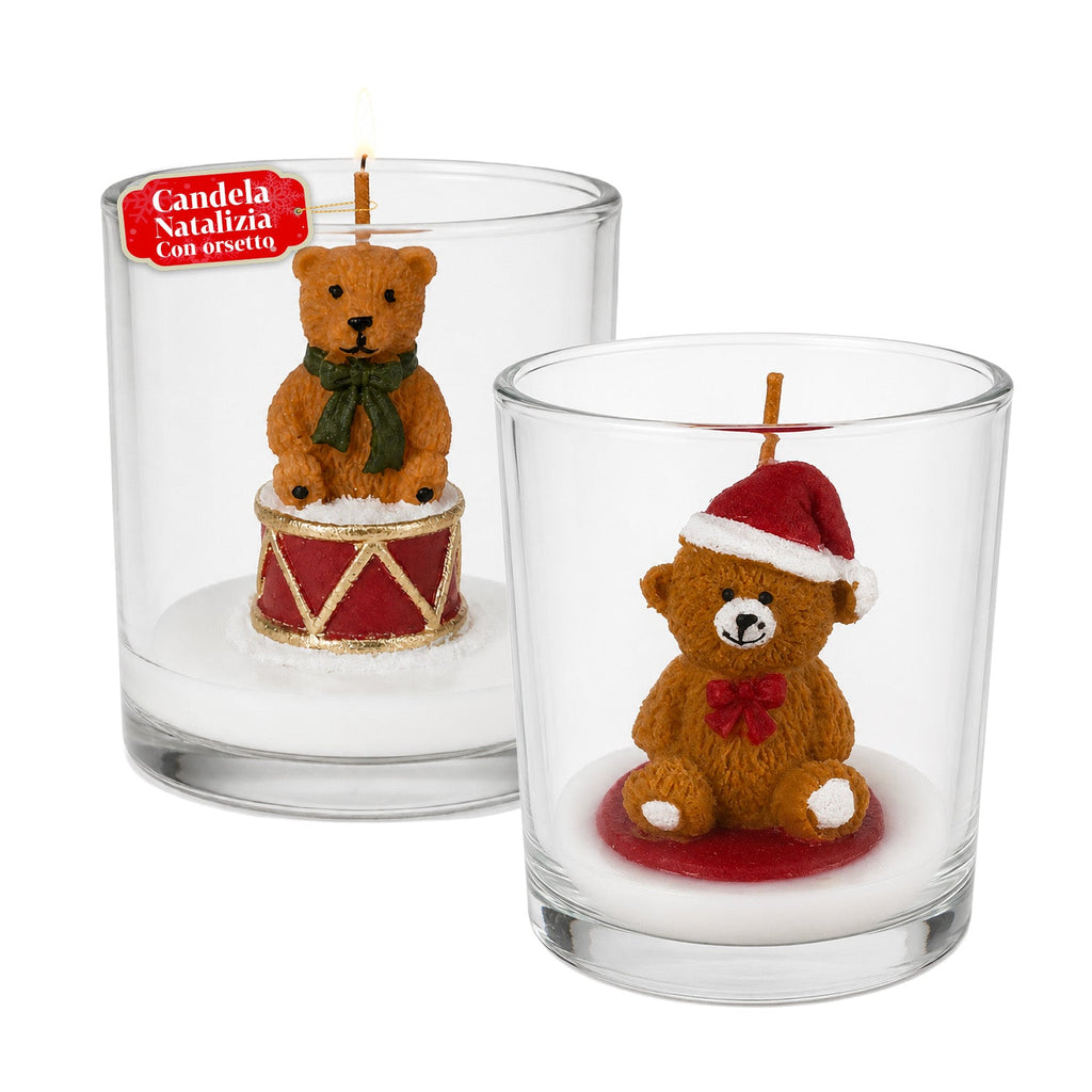 Candela natalizia in bicchiere di vetro da 7 cm con orsetti assortiti