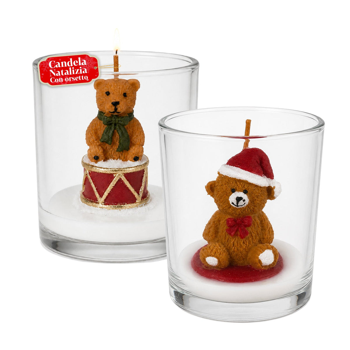 Candela natalizia in bicchiere di vetro da 7 cm con orsetti assortiti