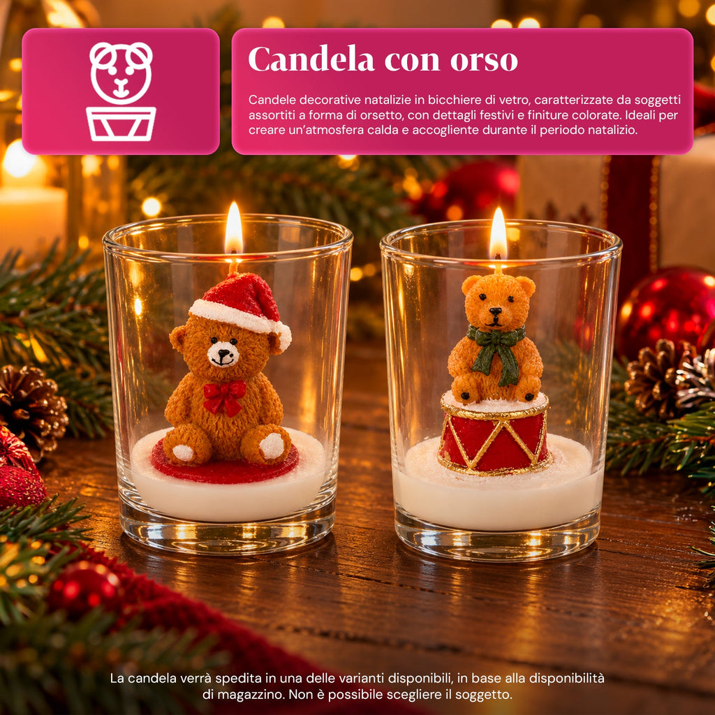 Candela natalizia in bicchiere di vetro da 7 cm con orsetti assortiti