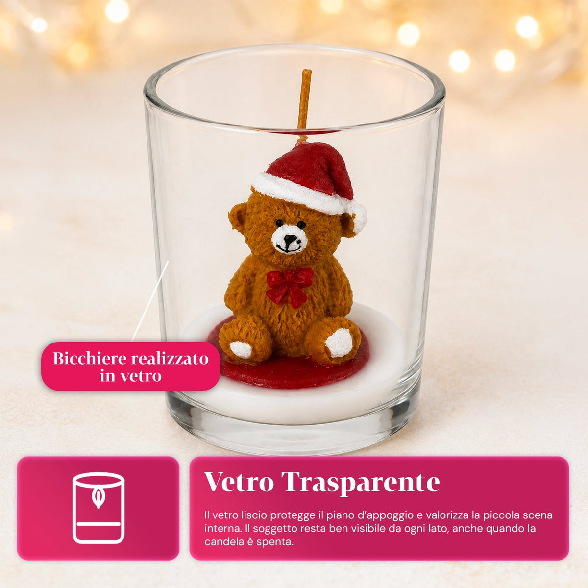 Candela natalizia in bicchiere di vetro da 7 cm con orsetti assortiti