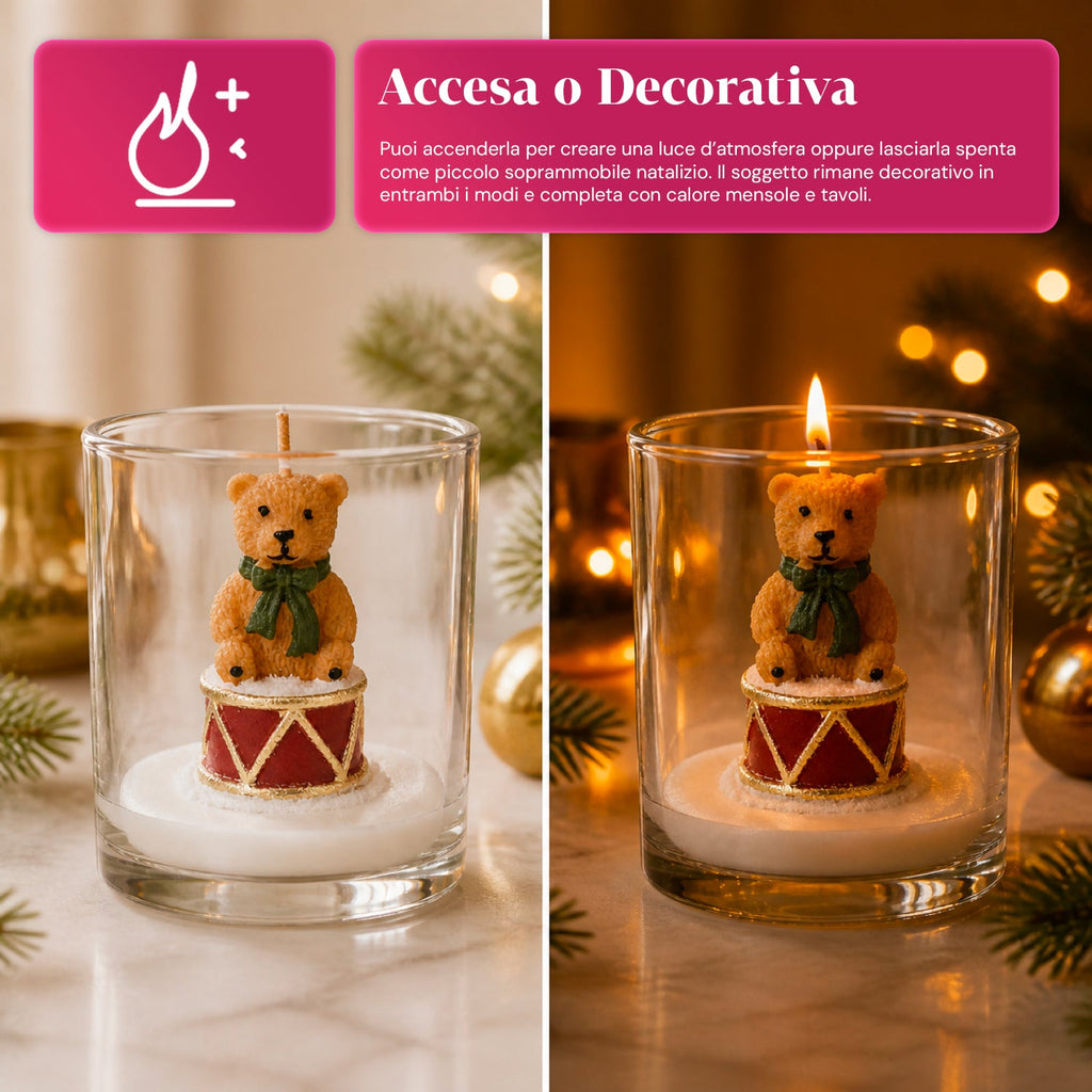 Candela natalizia in bicchiere di vetro da 7 cm con orsetti assortiti