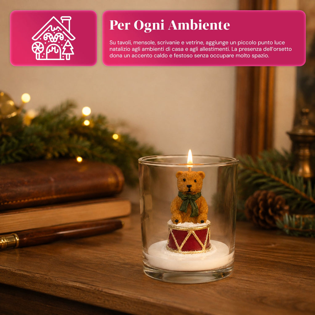 Candela natalizia in bicchiere di vetro da 7 cm con orsetti assortiti