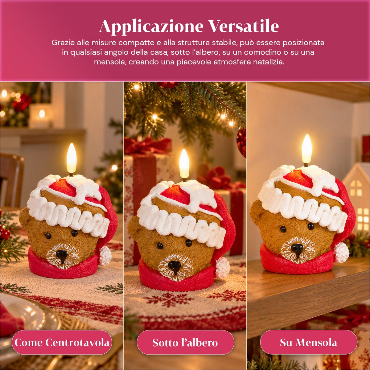 Candela Natalizia LED a Batteria in 3 Varianti – Babbo Natale con Albero, Orsetto e Faccina d'Orso, Fiamma Effetto Reale, Decorazione Natalizia
