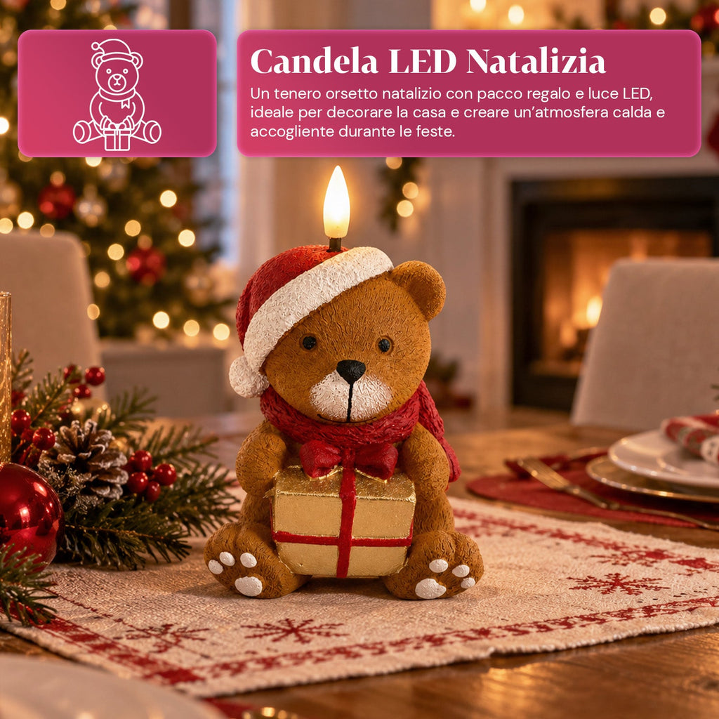 Candela Natalizia LED a Batteria in 3 Varianti – Babbo Natale con Albero, Orsetto e Faccina d'Orso, Fiamma Effetto Reale, Decorazione Natalizia