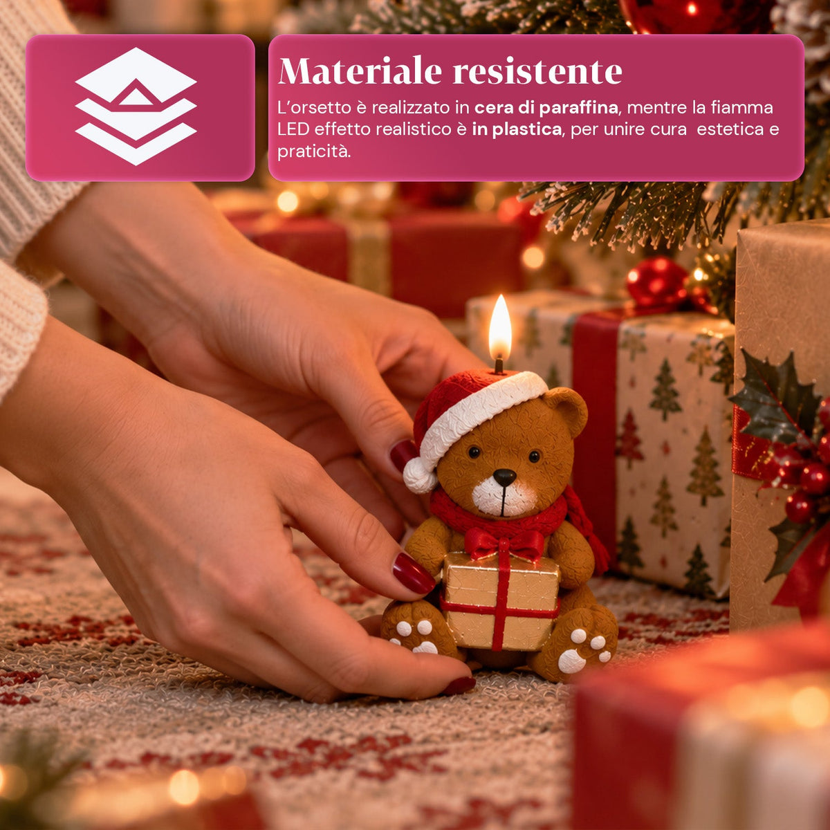 Candela Natalizia LED a Batteria in 3 Varianti – Babbo Natale con Albero, Orsetto e Faccina d'Orso, Fiamma Effetto Reale, Decorazione Natalizia