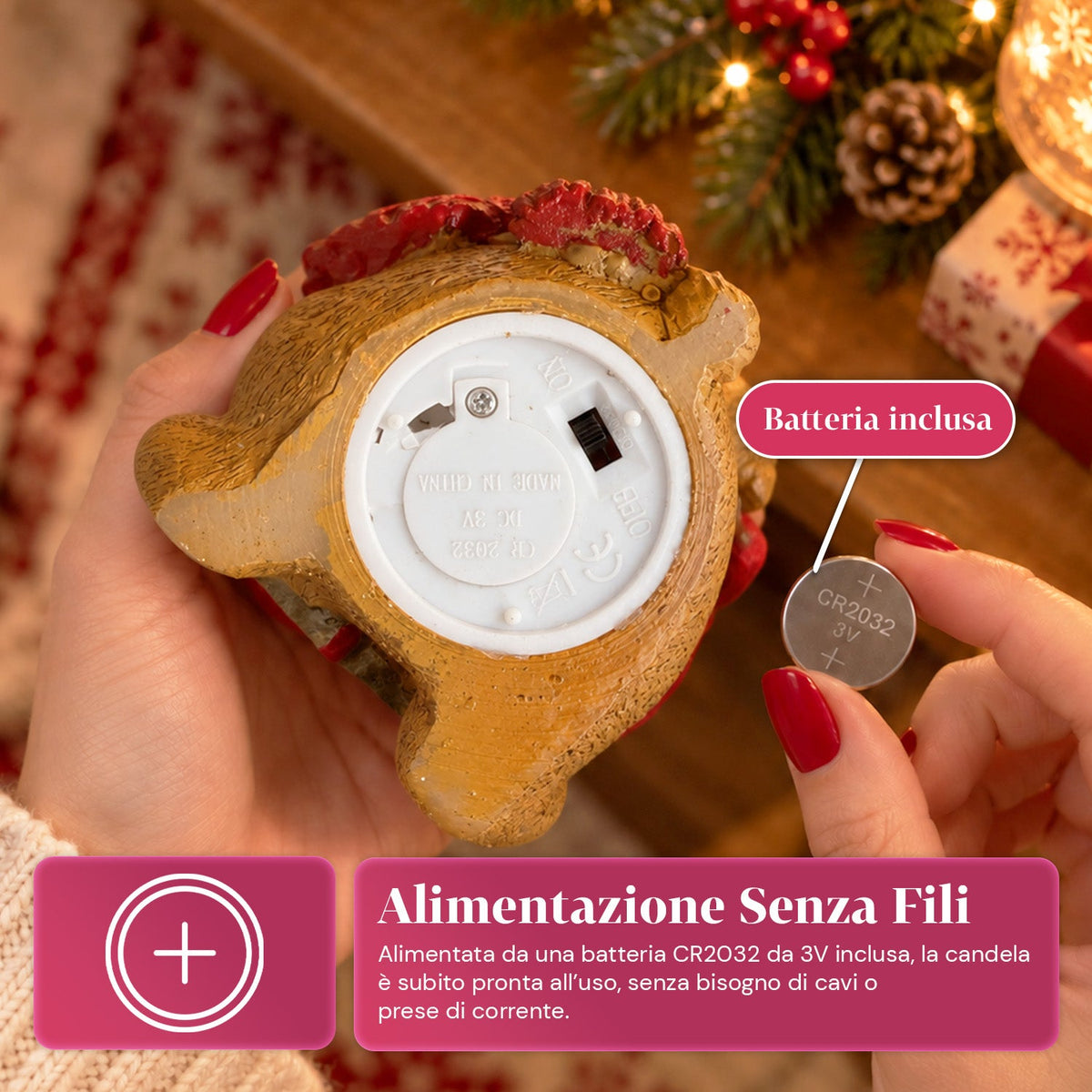 Candela Natalizia LED a Batteria in 3 Varianti – Babbo Natale con Albero, Orsetto e Faccina d'Orso, Fiamma Effetto Reale, Decorazione Natalizia