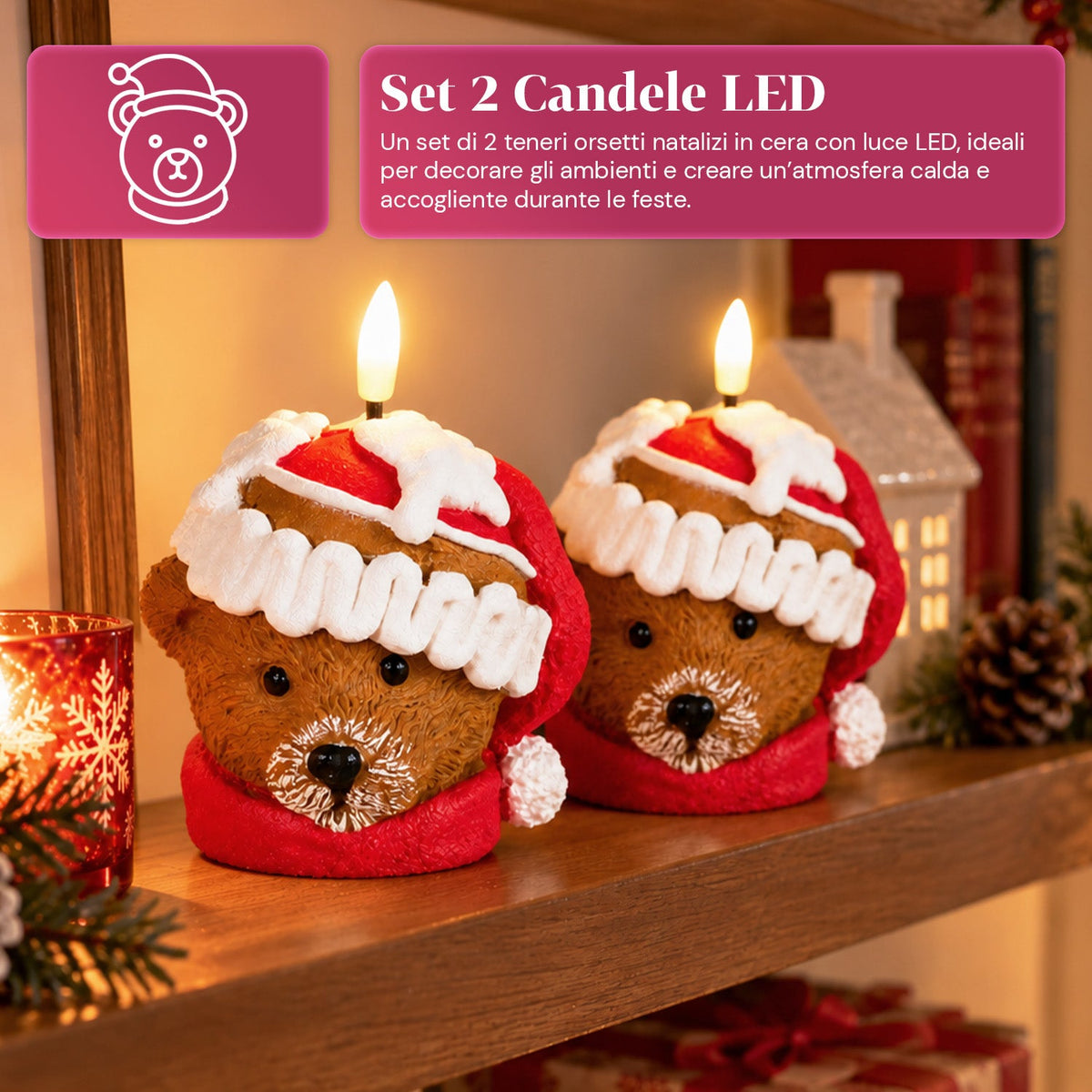 Candela Natalizia LED a Batteria in 3 Varianti – Babbo Natale con Albero, Orsetto e Faccina d'Orso, Fiamma Effetto Reale, Decorazione Natalizia