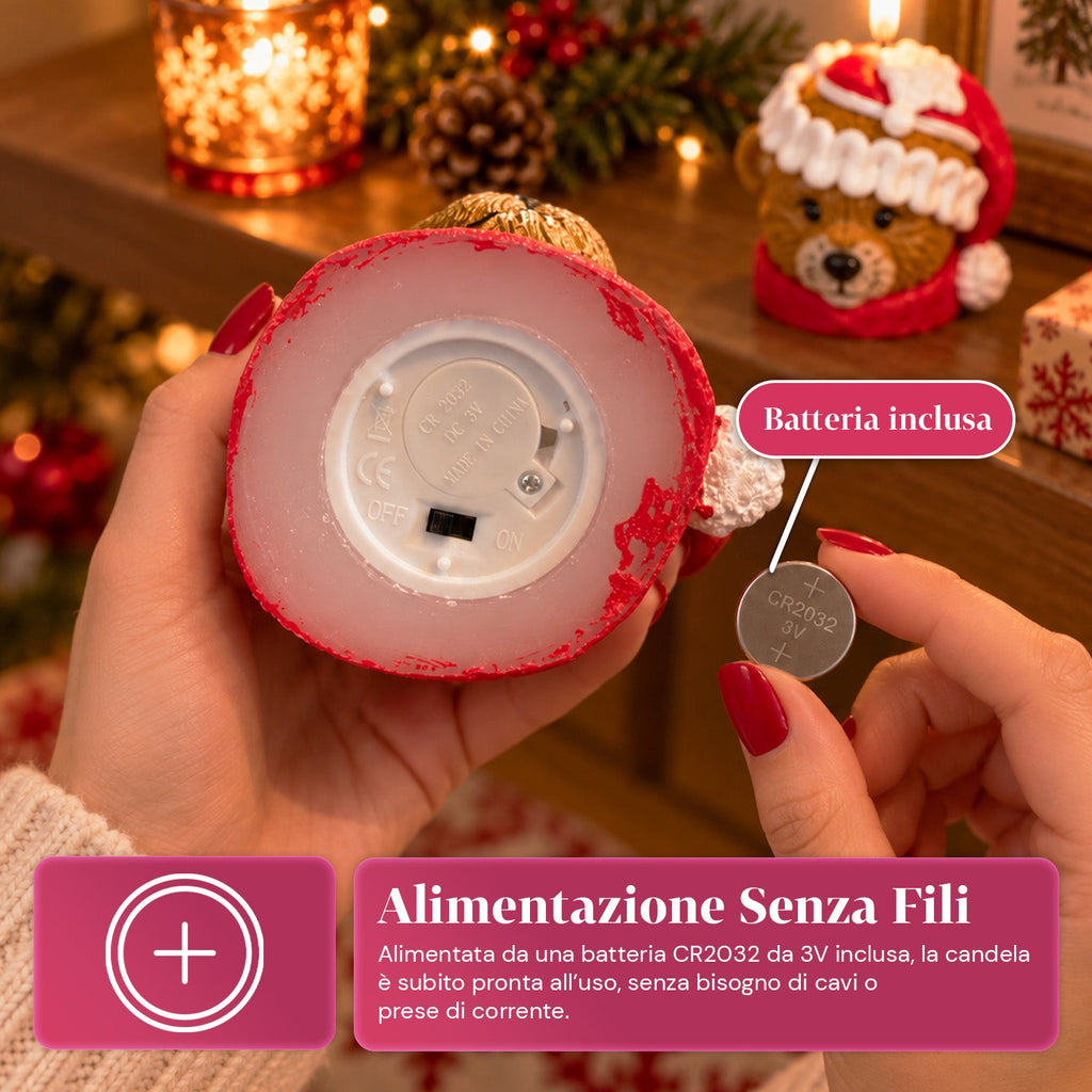 Candela Natalizia LED a Batteria in 3 Varianti – Babbo Natale con Albero, Orsetto e Faccina d'Orso, Fiamma Effetto Reale, Decorazione Natalizia