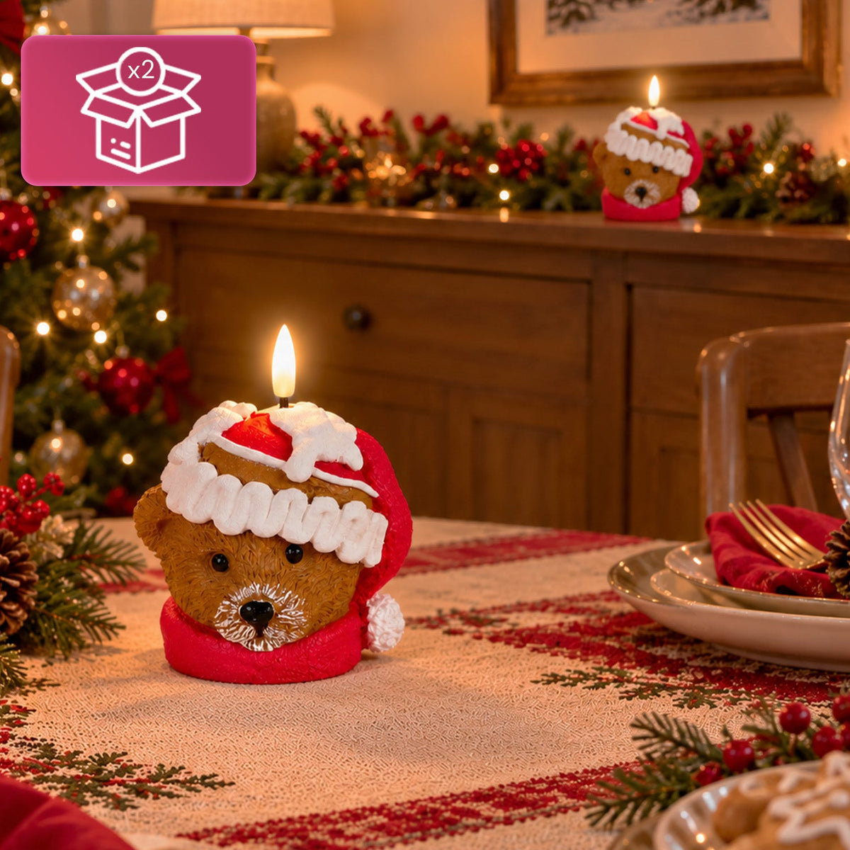 Candela Natalizia LED a Batteria in 3 Varianti – Babbo Natale con Albero, Orsetto e Faccina d'Orso, Fiamma Effetto Reale, Decorazione Natalizia