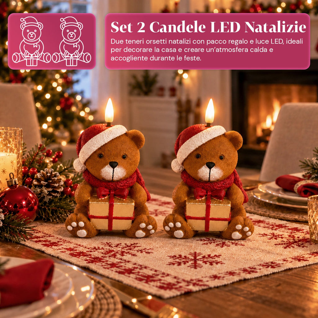 Candela Natalizia LED a Batteria in 3 Varianti – Babbo Natale con Albero, Orsetto e Faccina d'Orso, Fiamma Effetto Reale, Decorazione Natalizia