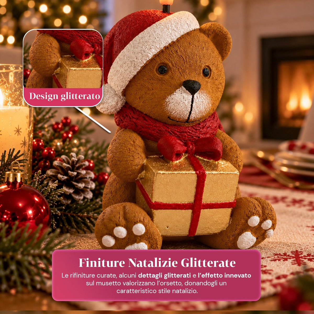 Candela Natalizia LED a Batteria in 3 Varianti – Babbo Natale con Albero, Orsetto e Faccina d'Orso, Fiamma Effetto Reale, Decorazione Natalizia