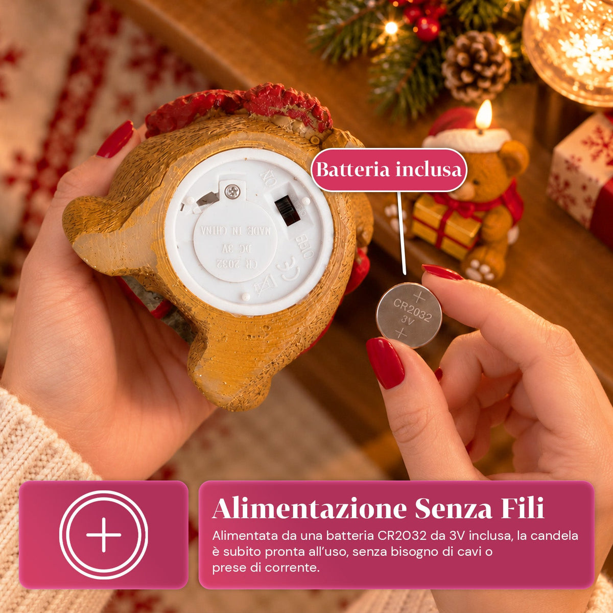 Candela Natalizia LED a Batteria in 3 Varianti – Babbo Natale con Albero, Orsetto e Faccina d'Orso, Fiamma Effetto Reale, Decorazione Natalizia