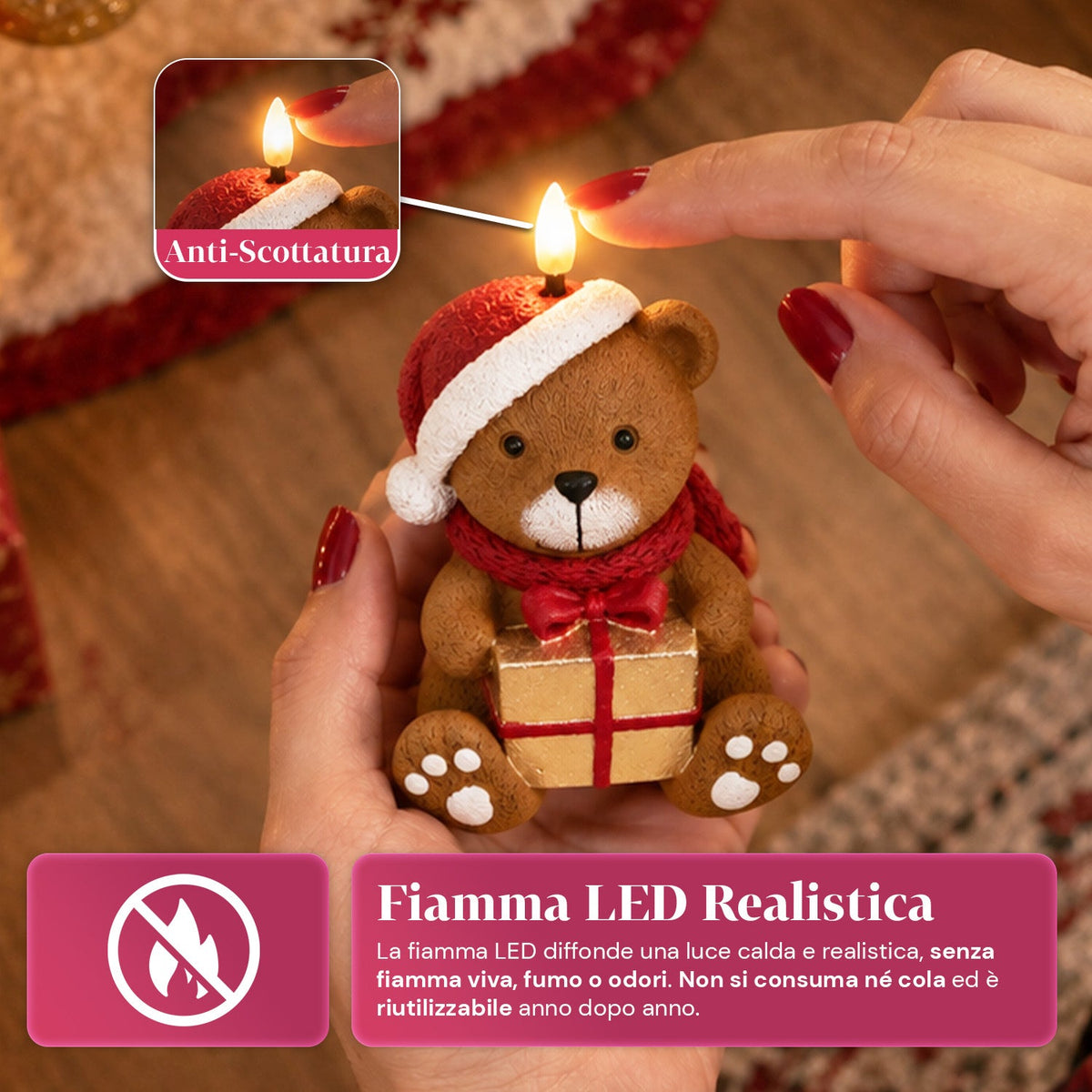 Candela Natalizia LED a Batteria in 3 Varianti – Babbo Natale con Albero, Orsetto e Faccina d'Orso, Fiamma Effetto Reale, Decorazione Natalizia
