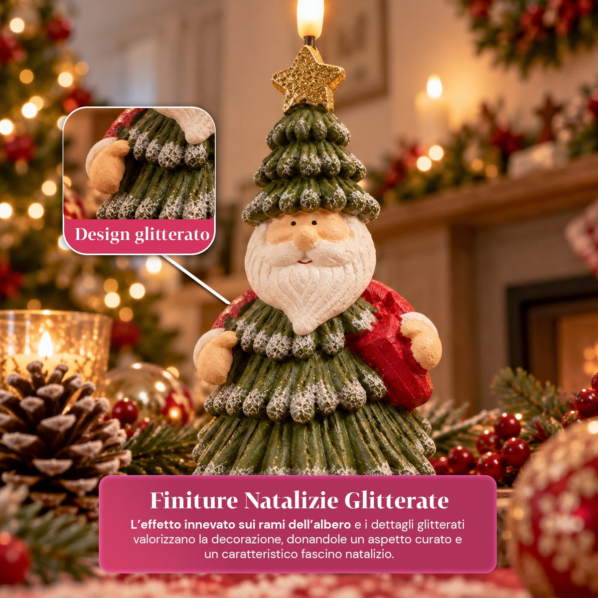 Candela Natalizia LED a Batteria in 3 Varianti – Babbo Natale con Albero, Orsetto e Faccina d'Orso, Fiamma Effetto Reale, Decorazione Natalizia