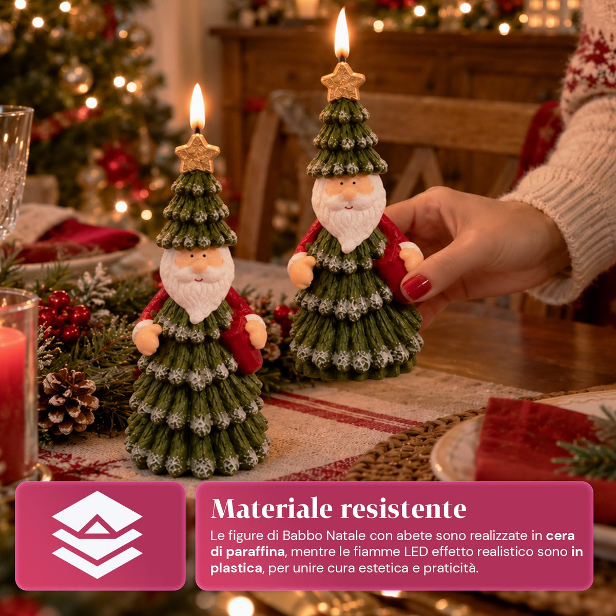 Candela Natalizia LED a Batteria in 3 Varianti – Babbo Natale con Albero, Orsetto e Faccina d'Orso, Fiamma Effetto Reale, Decorazione Natalizia