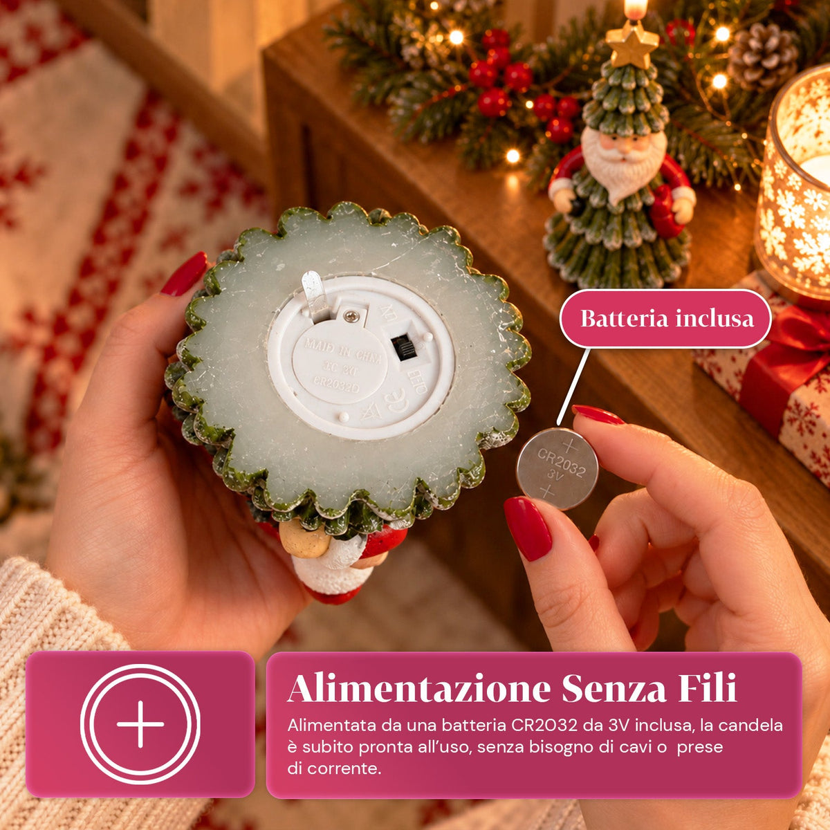 Candela Natalizia LED a Batteria in 3 Varianti – Babbo Natale con Albero, Orsetto e Faccina d'Orso, Fiamma Effetto Reale, Decorazione Natalizia