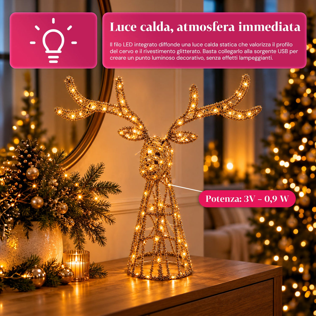 Cervo Luminoso a LED Glitter Oro, Decorazione Natalizia in Ferro e Polietilene, Luce Calda Alimentata via USB, 3 Misure: 65, 85 e 110 cm