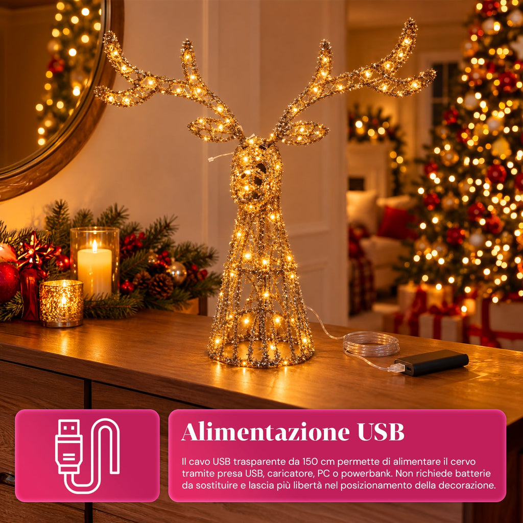 Cervo Luminoso a LED Glitter Oro, Decorazione Natalizia in Ferro e Polietilene, Luce Calda Alimentata via USB, 3 Misure: 65, 85 e 110 cm