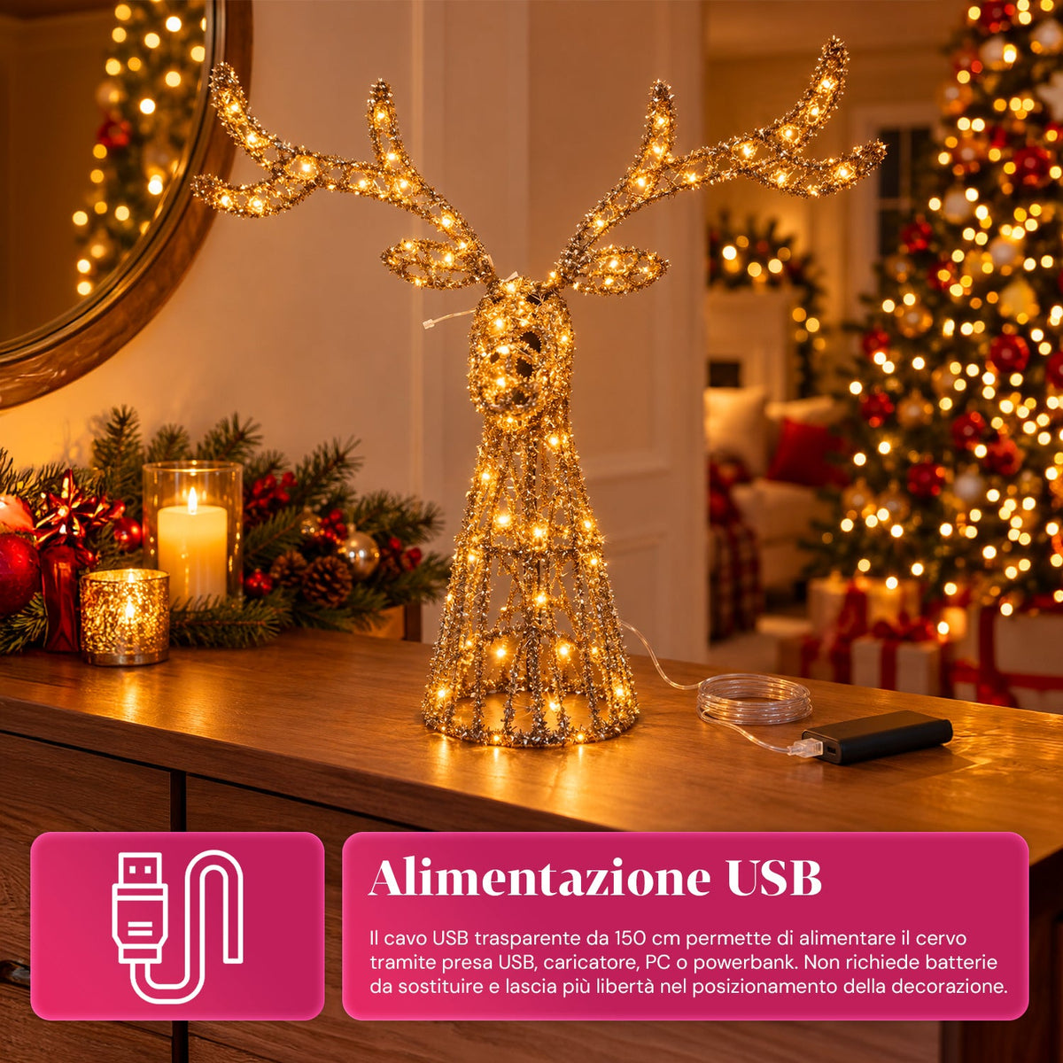 Cervo Luminoso a LED Glitter Oro, Decorazione Natalizia in Ferro e Polietilene, Luce Calda Alimentata via USB, 3 Misure: 65, 85 e 110 cm