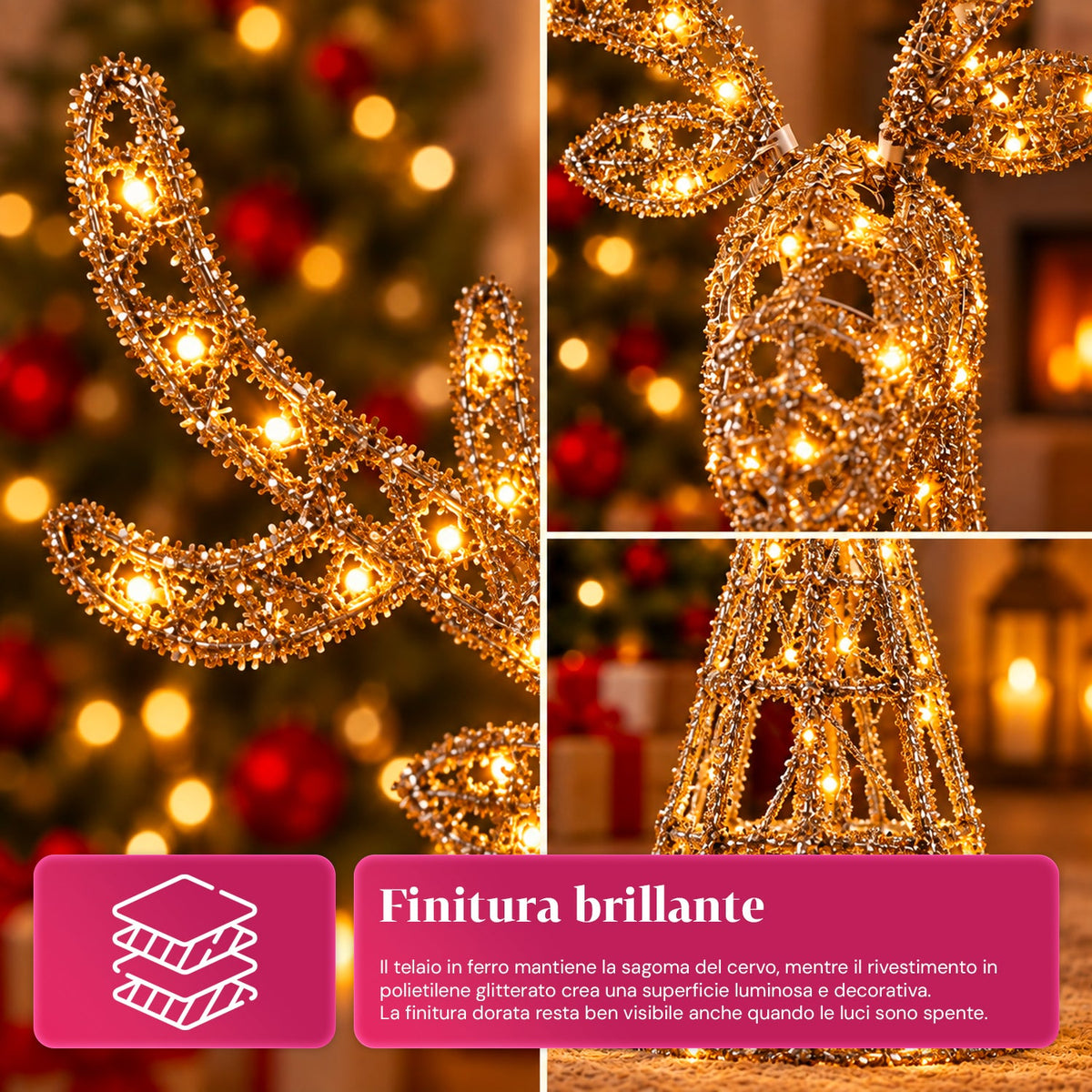 Cervo Luminoso a LED Glitter Oro, Decorazione Natalizia in Ferro e Polietilene, Luce Calda Alimentata via USB, 3 Misure: 65, 85 e 110 cm