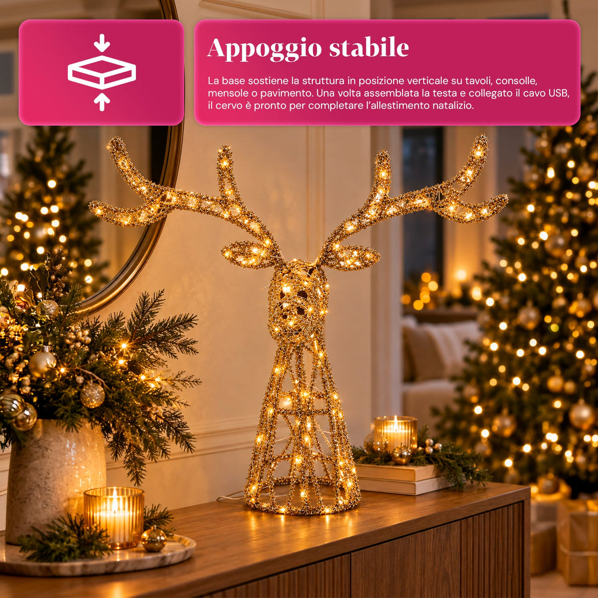 Cervo Luminoso a LED Glitter Oro, Decorazione Natalizia in Ferro e Polietilene, Luce Calda Alimentata via USB, 3 Misure: 65, 85 e 110 cm