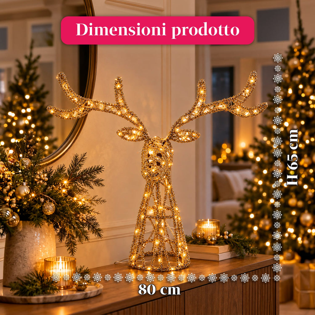 Cervo Luminoso a LED Glitter Oro, Decorazione Natalizia in Ferro e Polietilene, Luce Calda Alimentata via USB, 3 Misure: 65, 85 e 110 cm