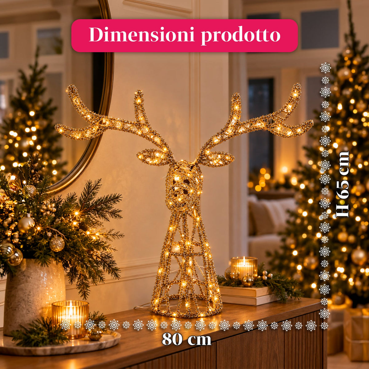 Cervo Luminoso a LED Glitter Oro, Decorazione Natalizia in Ferro e Polietilene, Luce Calda Alimentata via USB, 3 Misure: 65, 85 e 110 cm