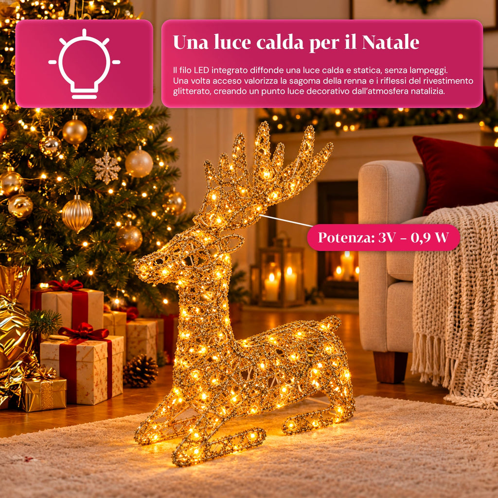 Cervo Luminoso a LED Glitter Oro, Decorazione Natalizia in Ferro e Polietilene, Luce Calda Alimentata via USB, 3 Misure: 65, 85 e 110 cm