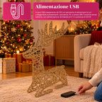 Cervo Luminoso a LED Glitter Oro, Decorazione Natalizia in Ferro e Polietilene, Luce Calda Alimentata via USB, 3 Misure: 65, 85 e 110 cm