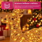 Cervo Luminoso a LED Glitter Oro, Decorazione Natalizia in Ferro e Polietilene, Luce Calda Alimentata via USB, 3 Misure: 65, 85 e 110 cm