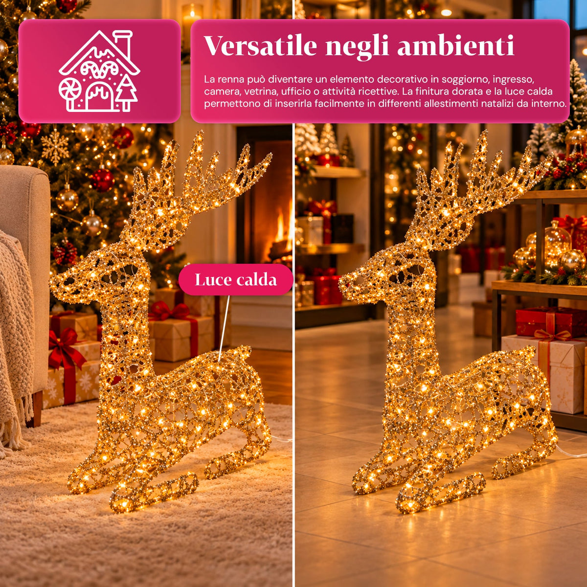 Cervo Luminoso a LED Glitter Oro, Decorazione Natalizia in Ferro e Polietilene, Luce Calda Alimentata via USB, 3 Misure: 65, 85 e 110 cm