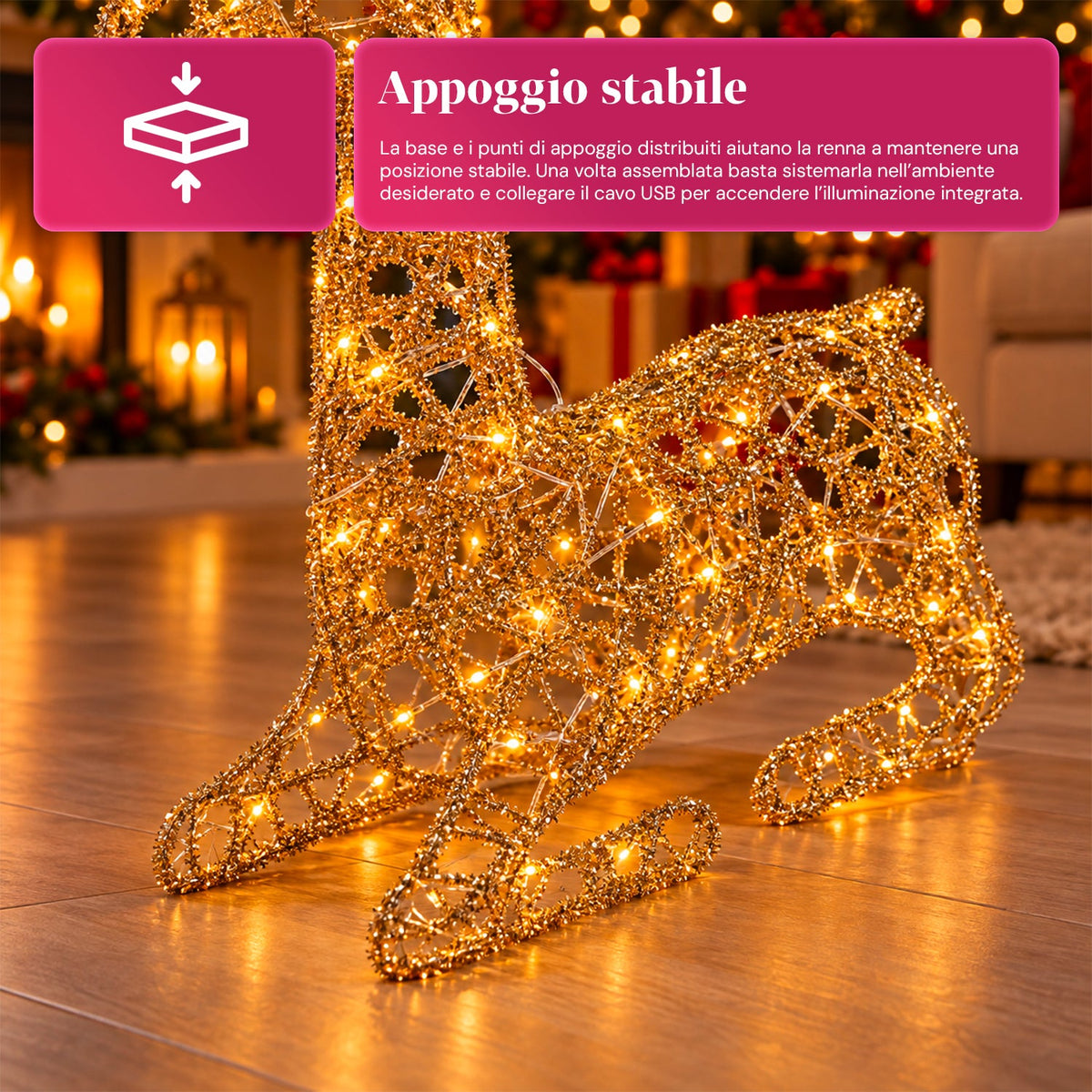Cervo Luminoso a LED Glitter Oro, Decorazione Natalizia in Ferro e Polietilene, Luce Calda Alimentata via USB, 3 Misure: 65, 85 e 110 cm